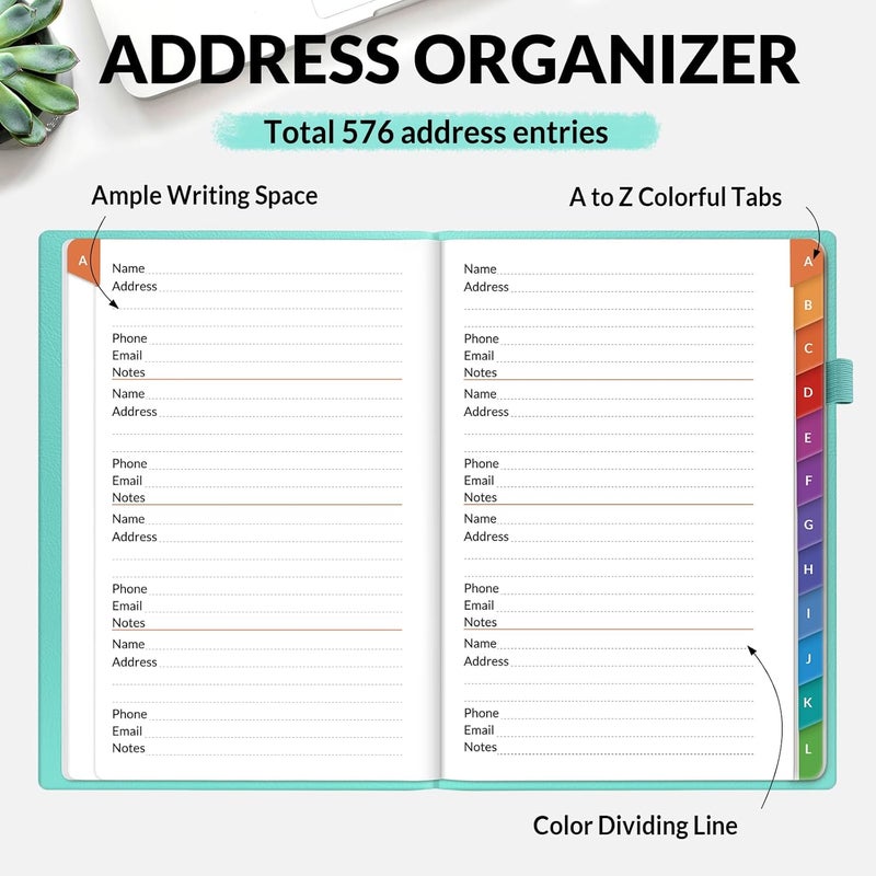 SUNEE Address Book with Colorful Alphabetical Tabs, Address Notebook Organizer for Record Contacts, 5.3'' x 7.7''- Aquamarine - Image 2